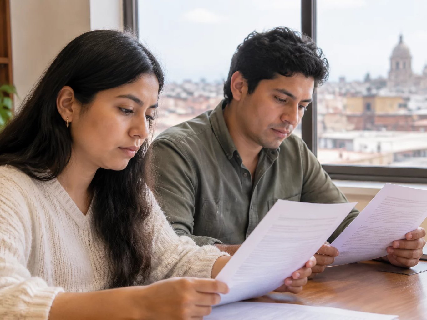 Dos asistentes leyendo juntos las hojas del caso