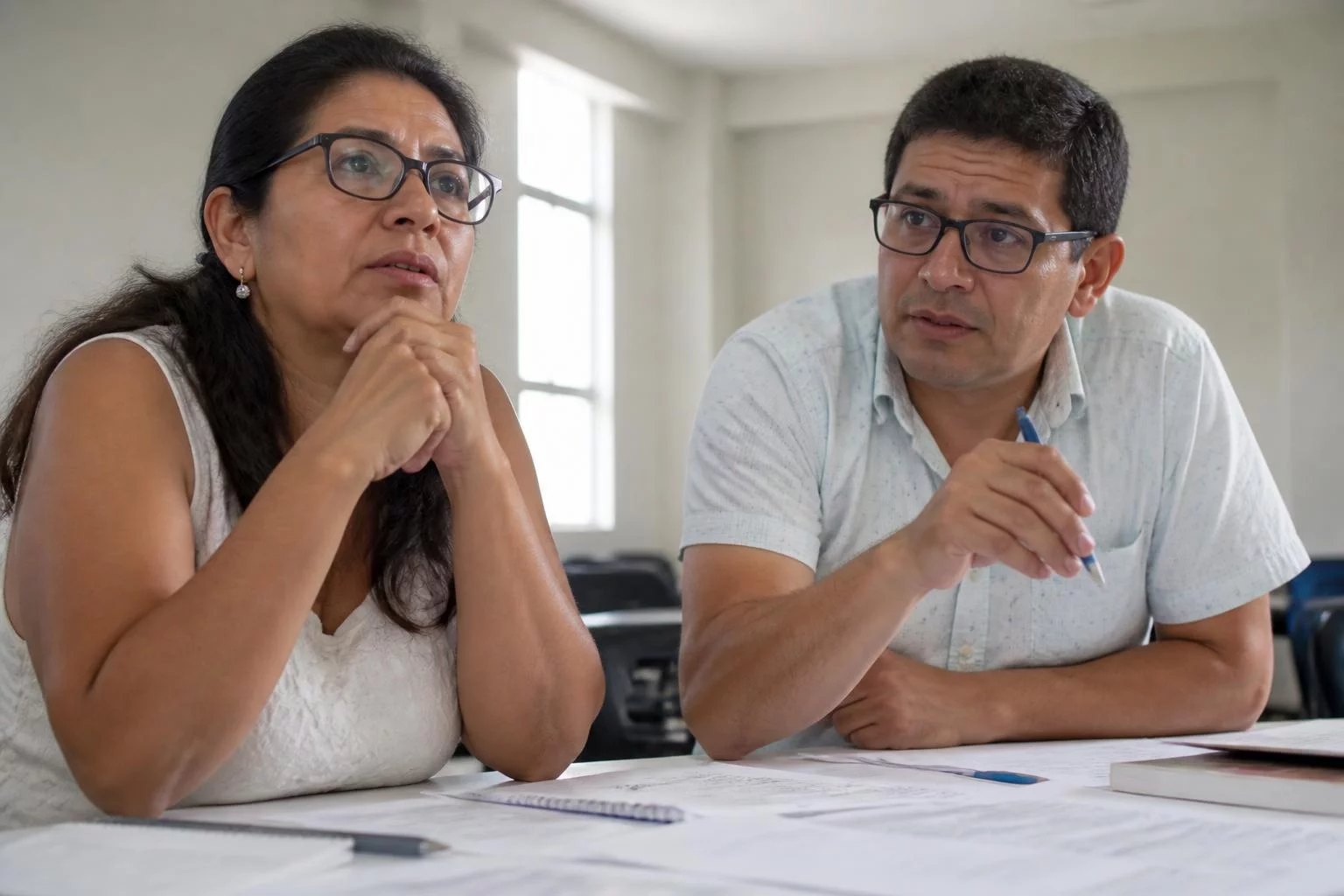 Dos asistentes en la mesa de trabajo, entre hojas y anotaciones