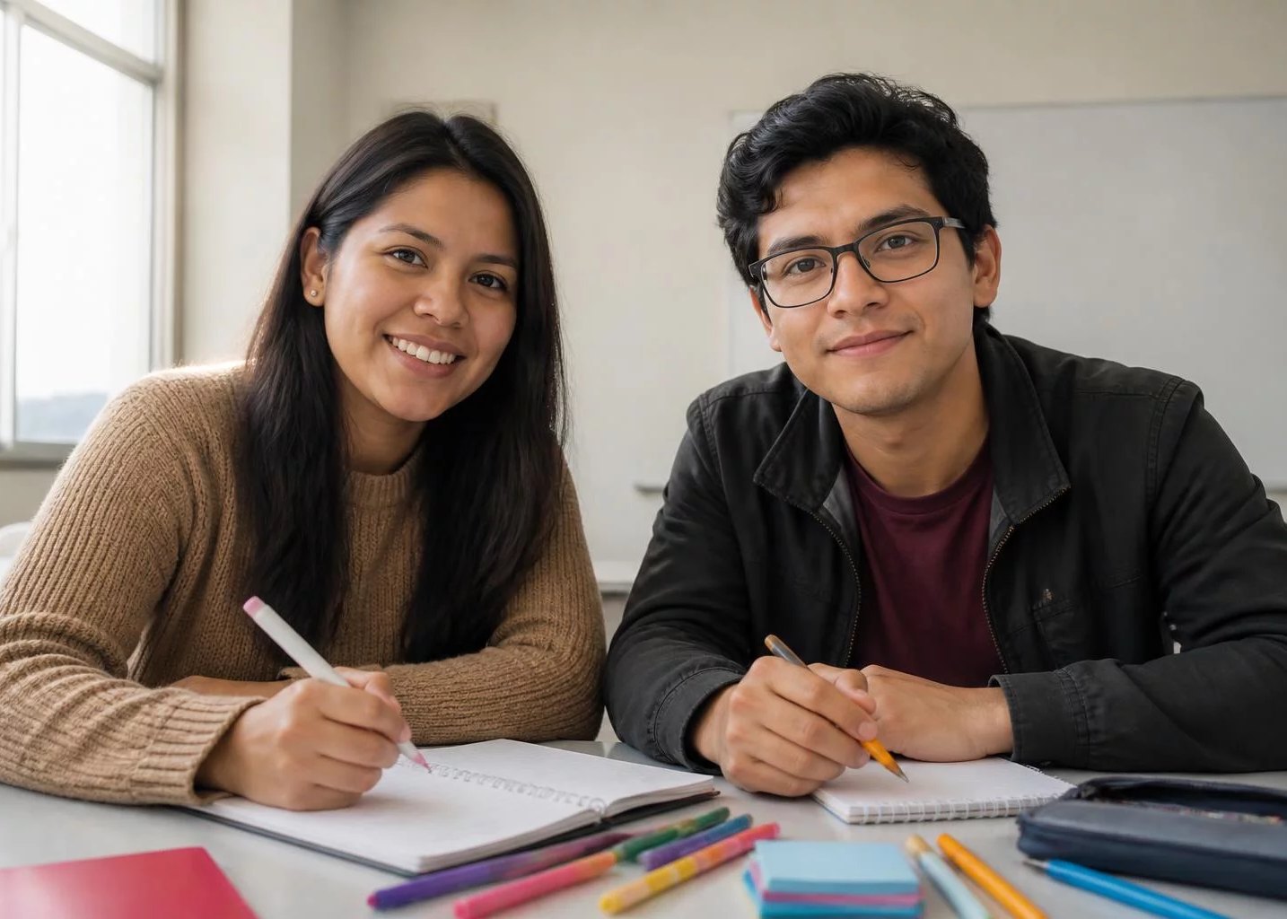 Dupla preparando su intervención con cuaderno y plumones