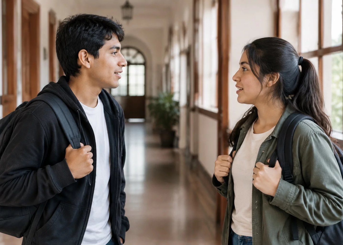 Dos jóvenes con mochila, charlando en un pasillo
